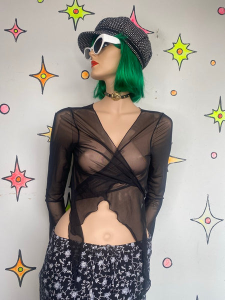 Black Sheer Goth Layering Wrap Top Bell Sleeves Lettuce Hem Whimsigoth L