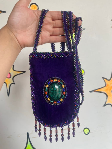 Bohemian Purple Velvet Beaded Crossbody Mini Pouch Fairycore Festival Boho