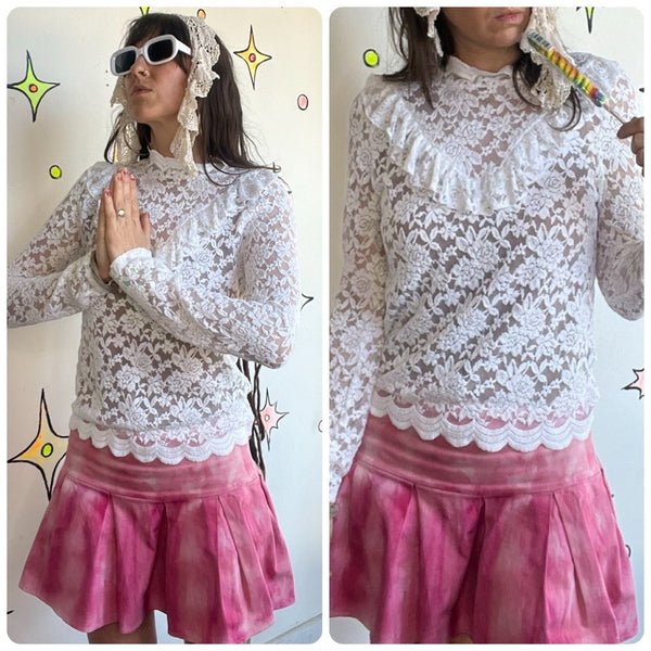 Vintage White Lace Ruffle Top Victorian Revival Rococo Coquette Fairy Grunge L