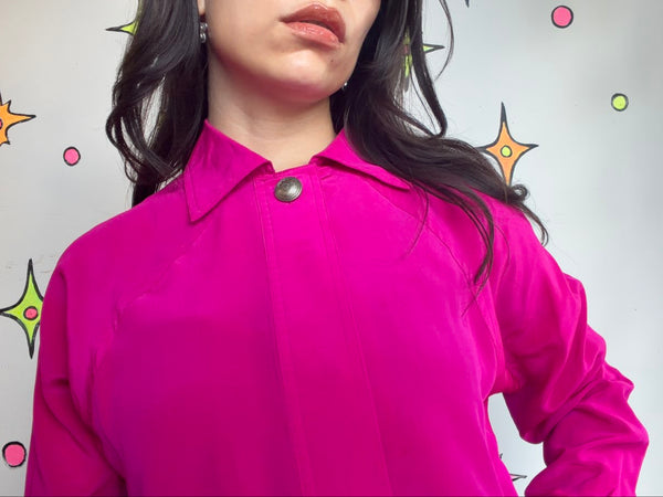 Vintage 80s Hot Pink Silk Blouse Bright Pink Glam Office Siren Top Maximalist M