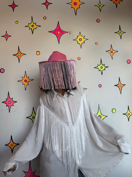 White Fringe Western Shirt | Cowboy Core Rodeo Fringe Button Up Oversized XL