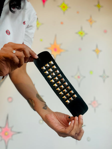 Vintage Black Vegan Leather Pyramid Studded Embellished Leather Punk Bracelet