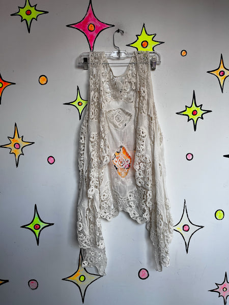 Vintage White Crochet Long Vest ' Boho Western Duster Fairy Grunge Lace Layer SM