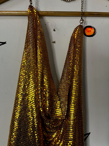 Glam Y2K Gold Disco Mesh Chainmail Mini Dress Fairy Grunge Clubwear NYE Party
