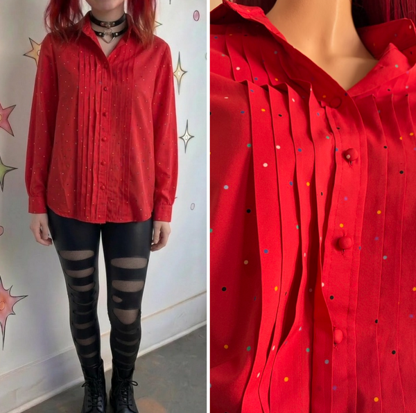 Cherry Red Retro Secretary Blouse Rainbow Polka Dots Pride Academia Kawaii L