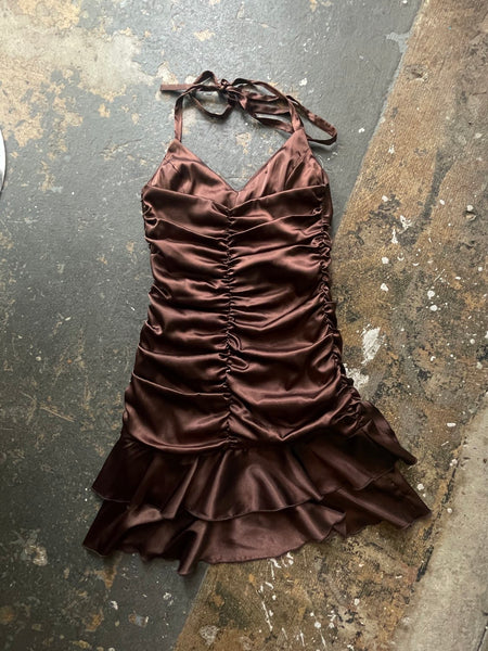 90s Y2K Fairy Brown Satin Scrunch Dress Halter Mini Party Formal Grunge Glam S
