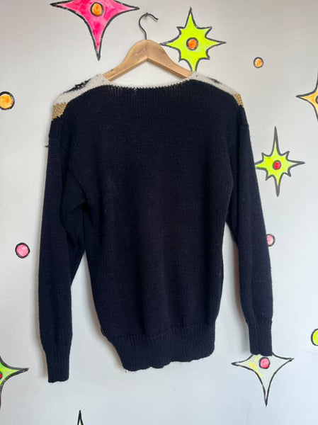 Vintage 80s Black Angora Sweater Fuzzy Angora Beaded Pullover - Dana Scott - L