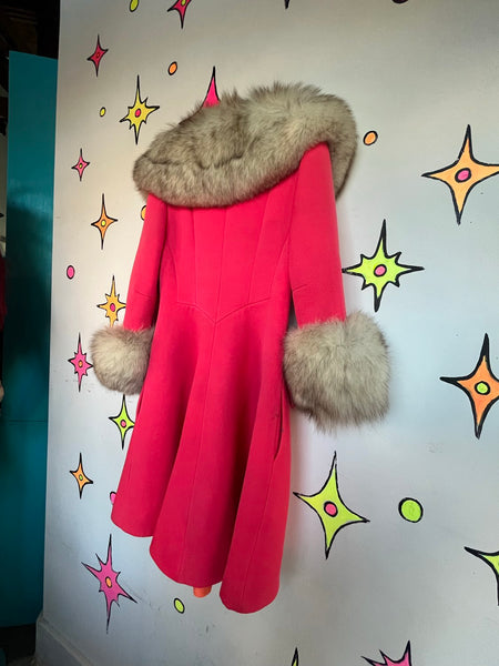 Vintage 60s Lilli Ann Pink Fur Trim Old Hollywood Glam Princess Swing Coat S