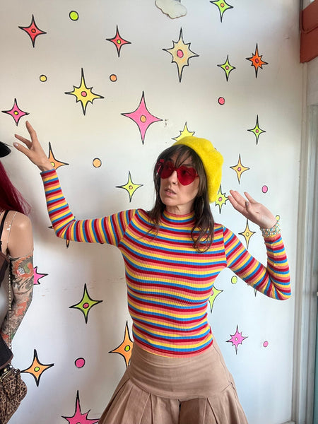 Rainbow Ribbed Turtleneck Clowncore Retro Mod 60s Y2K Colorful Stretch Top XS