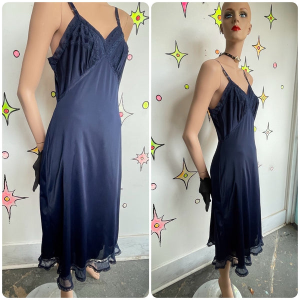 Vintage 1950s 60s Navy Blue Lace Nylon Slip | Fairy Grunge Lingerie Dress S/M