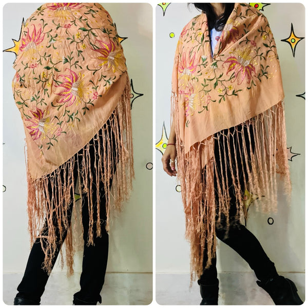 Antique Silk Piano Shawl Boho Art Decor Floral Embroidered Fringe Wrap