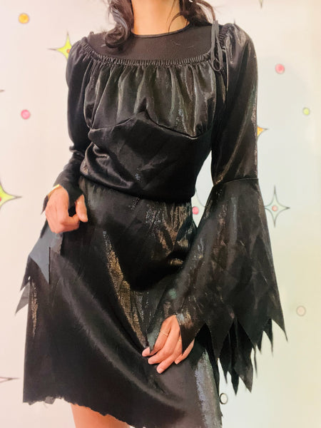 Vintage Black Romantic Goth Mini Dress – Bell Sleeves Witchy Dress – Cosplay - M