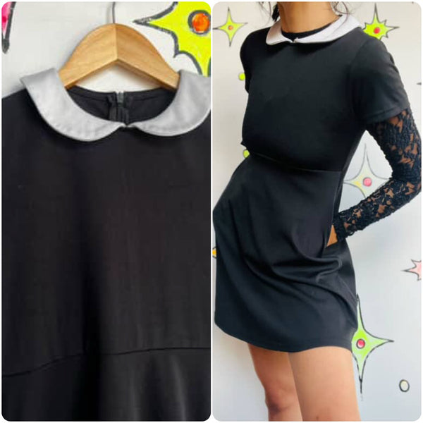 Wednesday Adams Babydoll Black Mini Dress - Peter Pan Collar - XS
