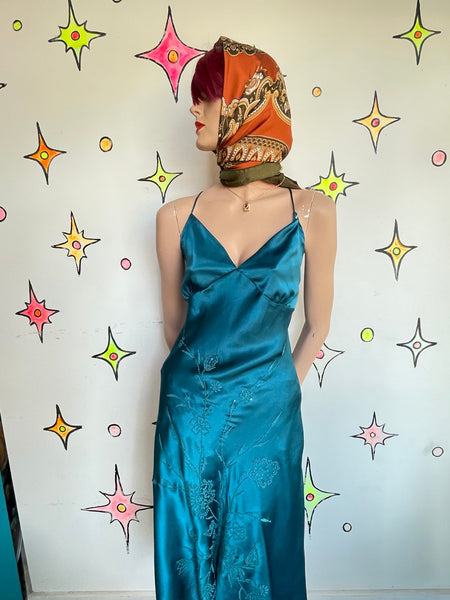 90s Peacock Blue Beaded Slip Dress Mermaidcore Silk-Feel Midi Y2K Grunge Fairy M