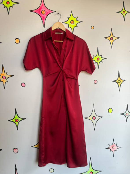 Y2K Cherry Red Silky Shirt Dress - Copycat Miu Miu Style - Small