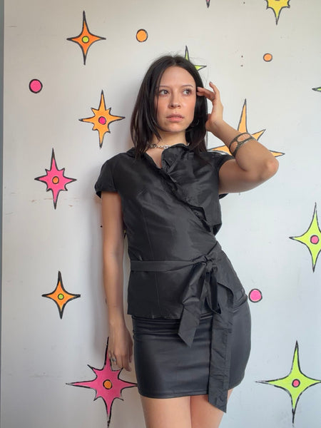 90s Anne Taylor Silk Wrap Blouse Quiet Luxury Office Siren Satin Ruffle Top M