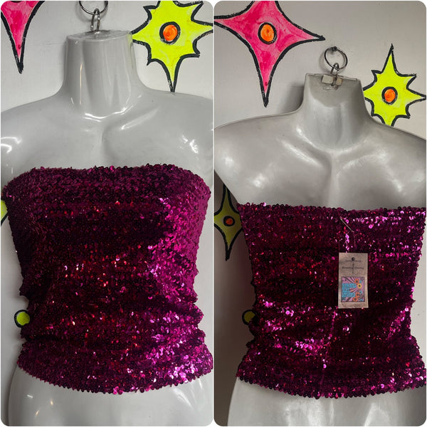 Vintage | Pink Disco Y2K 80s Party Sequin Stretchy Tube Top | One Size