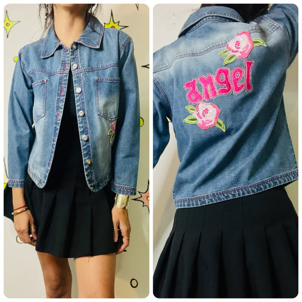 Vintage Y2K Embellished Denim Jean Jacket | ANGEL Roses Patches | Coquette | S
