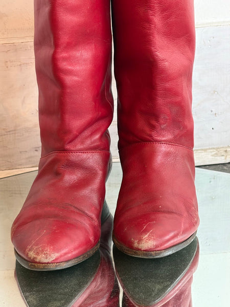 Vintage 80s Cherry Red Leather Boots Classic Riding Western Boots Rocker Glam 7