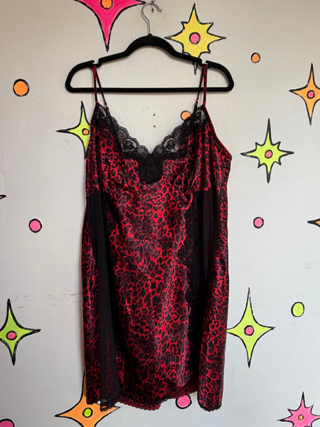 Plus Size Red Leopard Satin Slip Dress Vamp Boudoir Lingerie Y2K Glam Size 22 24