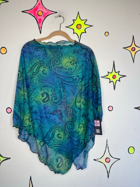 Y2K Teal Mesh Paisley Festival Poncho - Fairycore Whimsy Grunge - Free Size