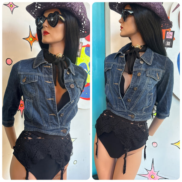Cropped Y2K Denim Moto Indie Sleaze Emo Grunge Jean Jacket Vintage - S