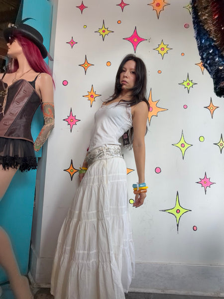 Y2K White Beaded Boho Midi Skirt Fairy Grunge Western Cowgirl Tiered L
