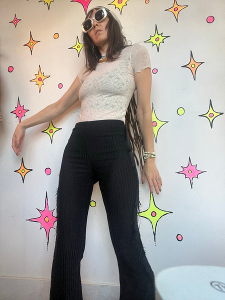 Black Fringe Flare Pants | Western Goth Festival Bell Bottom Leggings XS