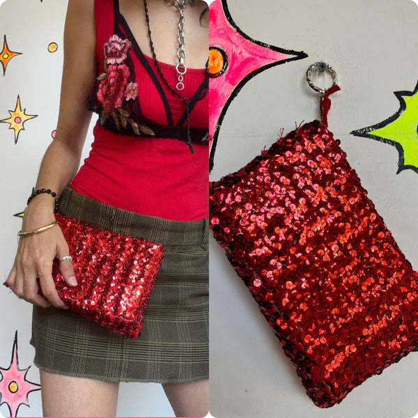 Vintage 80s | Red Metallic fully Sequined Beaded Clutch Handbag Purse Glam Disco