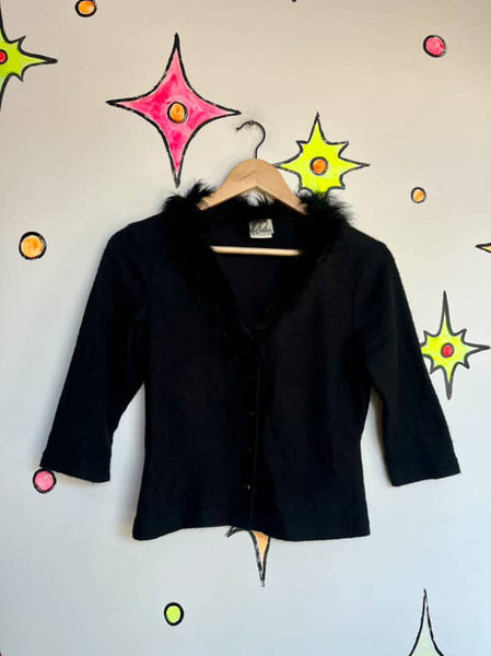 Vintage 90s Black Fuzzy Cardigan with Feather Trim Collar - Grunge Goth Glam - S