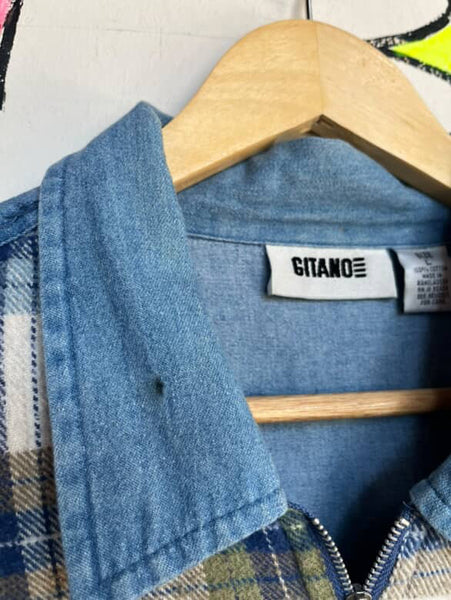 90s GITANO Denim and Plaid Flannel Long Sleeve Zip-Up Shirt | Grunge Boho | L
