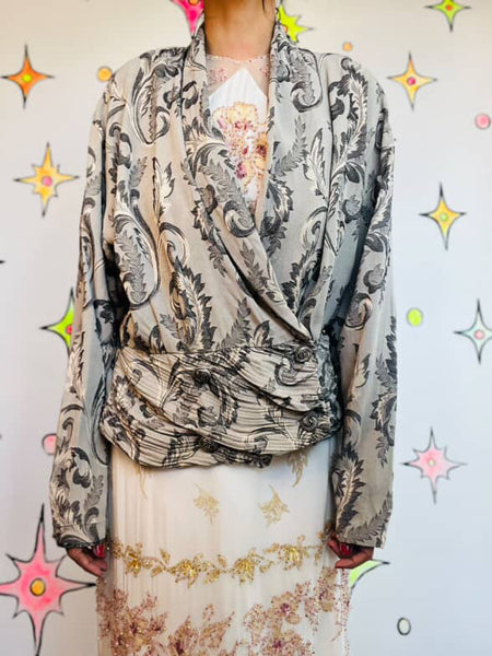 Vintage 90s Edwardian Romantic Gothic Revival Blazer | Silky Silver Paisley |14