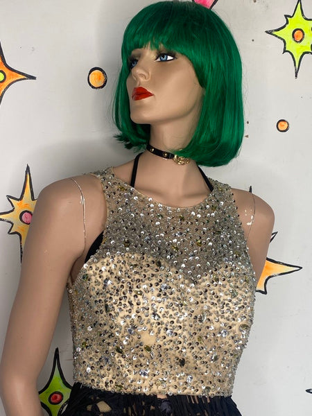 Nude Bling Rhinestone Crystal Gem Top Glam Party Layering Piece M