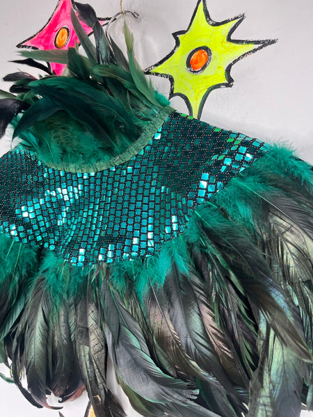 Y2K Metallic Emerald Feather Cape Glam Costume Statement Piece