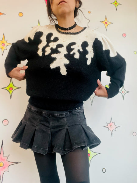 Vintage 80s Black Fuzzy Sweater Beaded Pearls | Whimsy Goth Cute Pullover M