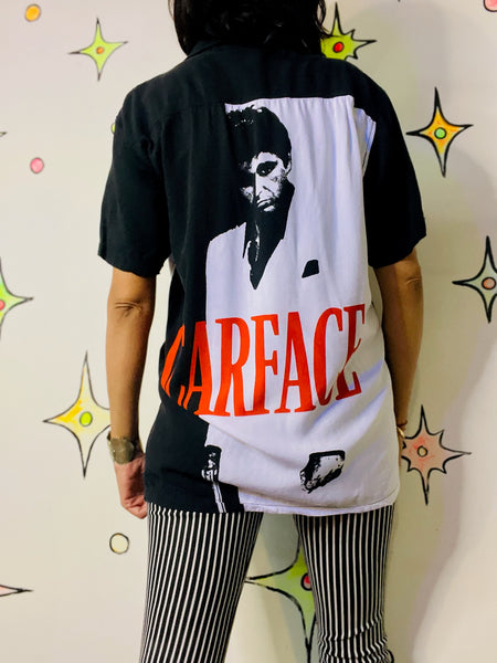 Scarface Tony Montana Graphic Button-Up Black & White Cult Film Shirt | Men’s S