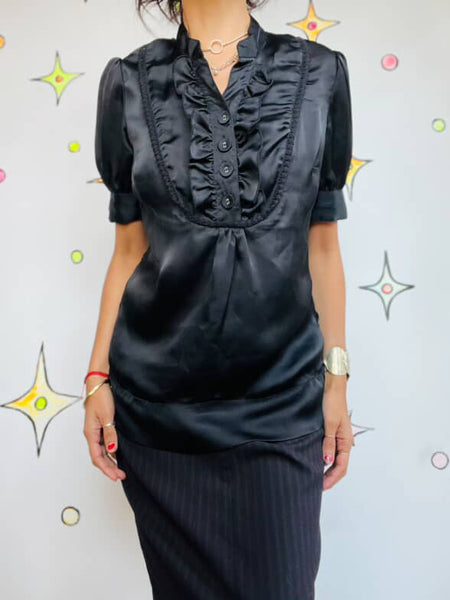 Vintage 90s Y2K | Black Silky Preppy Goth Glam Dark Academia Blouse | Size S