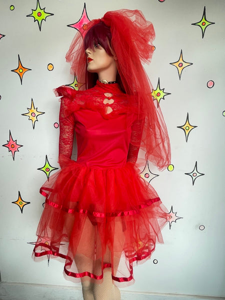 Red Tulle Lydia Deetz Goth Wedding Dress & Veil Costume Beetlejuice Cosplay S