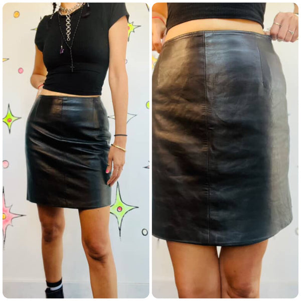 Vintage 80s 90s Leather Pencil Skirt High Waisted Black Goth Grunge Mini S/M
