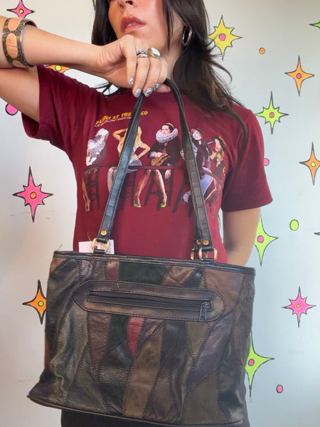 80s 90s Patchwork Leather Shoulder Bag Boho Goth Slouchy Purse Festival Hobo Bag