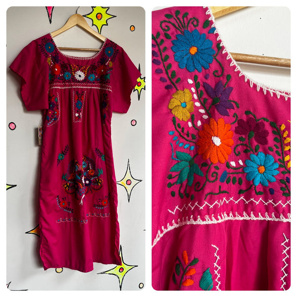 Vintage 60s 70s | Pink Boho Oaxacan Mexican Hand Embroidered Festival Dress