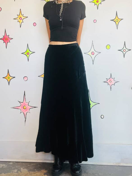 Vintage Y2K Black Velvet Maxi Skirt | Fairy Grunge Whimsy Goth | Size 4