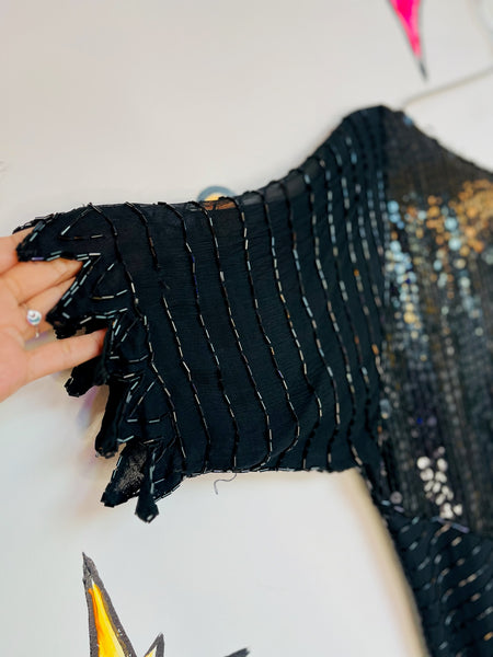 Vintage 80s 90s Black Whimsy Goth Glam Party Silk Sequin Blouse – Beaded – M