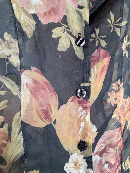 90s Vintage Black Floral Sheer Mini Dress Whimsigoth Fairy Grunge | M