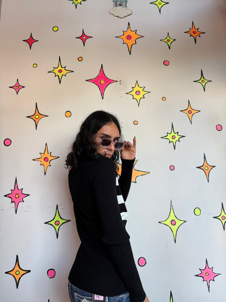 Y2K Beaded Zip Cardigan | Black White Rhinestone Striped Indie Sleaze Sweater S