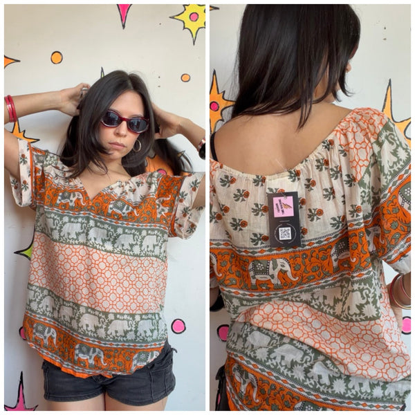 Sheer Elephant Print Cotton Boho Layering Top Earthy Fairy Resort Grunge | M