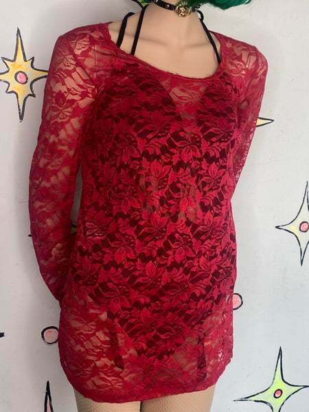 Red Lace Romantic Vampire Top Whimsigoth Sirencore Y2K Fitted Blouse M