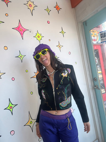 Vintage 80s90s Mardi Gras Cropped Blazer Wearable Art Avant Garde Party Jacket M