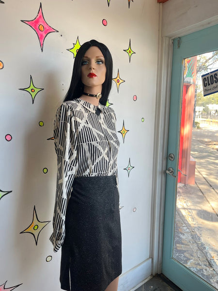 Vintage 80s Geometric Print Office Siren Blouse Power Top Secretary Chic 9/10