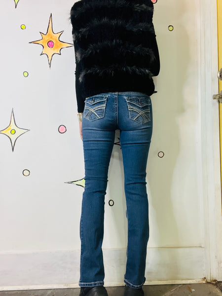 Y2K Blue Denim Flare Jeans Low Rise Stretchy 2000s Bootcut Jeans Size 3 / 25-26